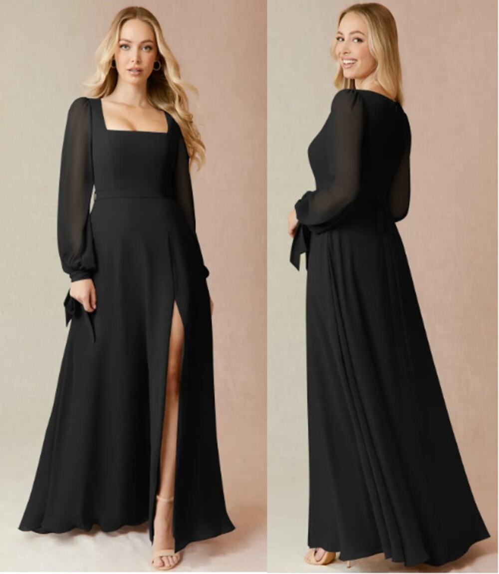 NWT Azazie Leonia A-Line Long Sleeve Chiffon Bridesmaid Long Dress Black Size A6